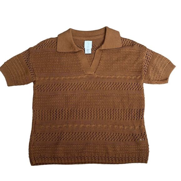 Joie Crochet Open Knit Collared Polo Sweater Top Brown XSMALL - Picture 1 of 14